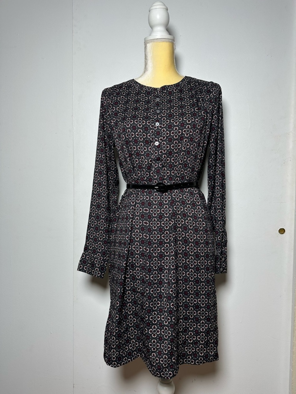LOFT Black Long-Sleeve Floral-Print Dress Sz S